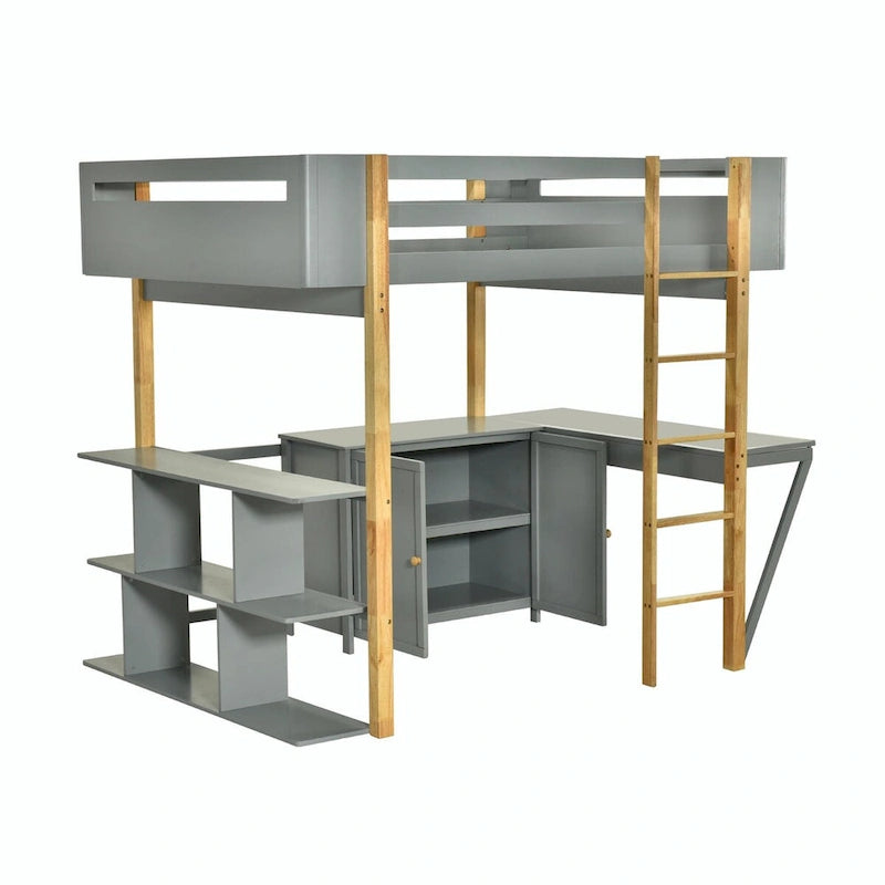 Lit mezzanine en bois avec armoire de rangement intégrée, compartiments et bureau pliable