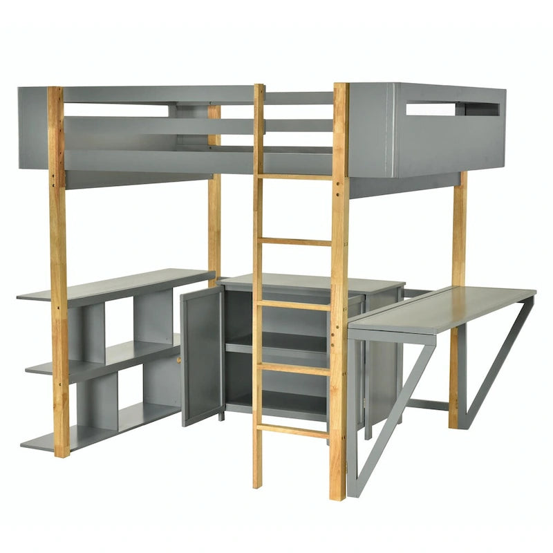 Lit mezzanine en bois avec armoire de rangement intégrée, compartiments et bureau pliable