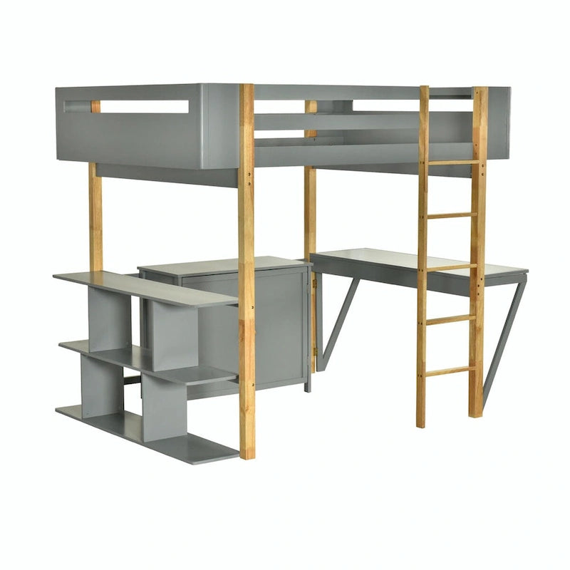 Lit mezzanine en bois avec armoire de rangement intégrée, compartiments et bureau pliable