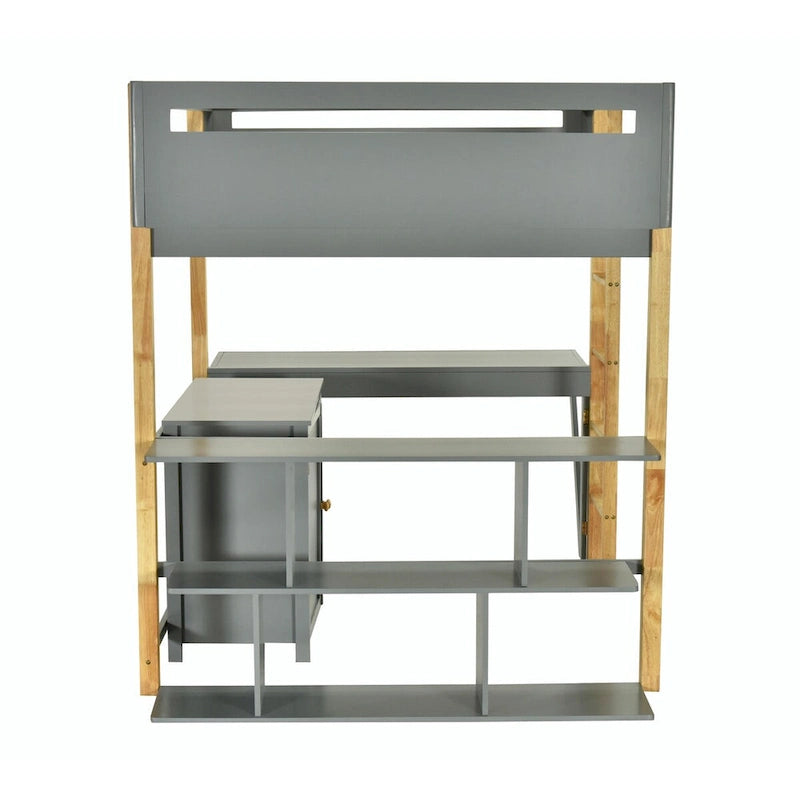Lit mezzanine en bois avec armoire de rangement intégrée, compartiments et bureau pliable
