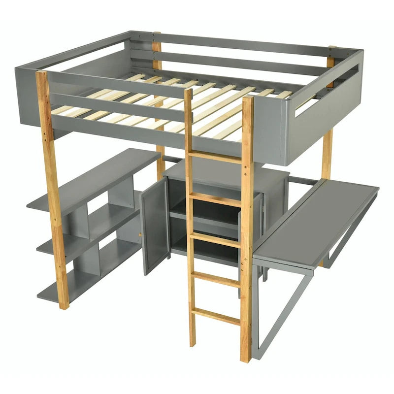 Lit mezzanine en bois avec armoire de rangement intégrée, compartiments et bureau pliable