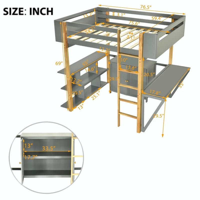 Lit mezzanine en bois avec armoire de rangement intégrée, compartiments et bureau pliable