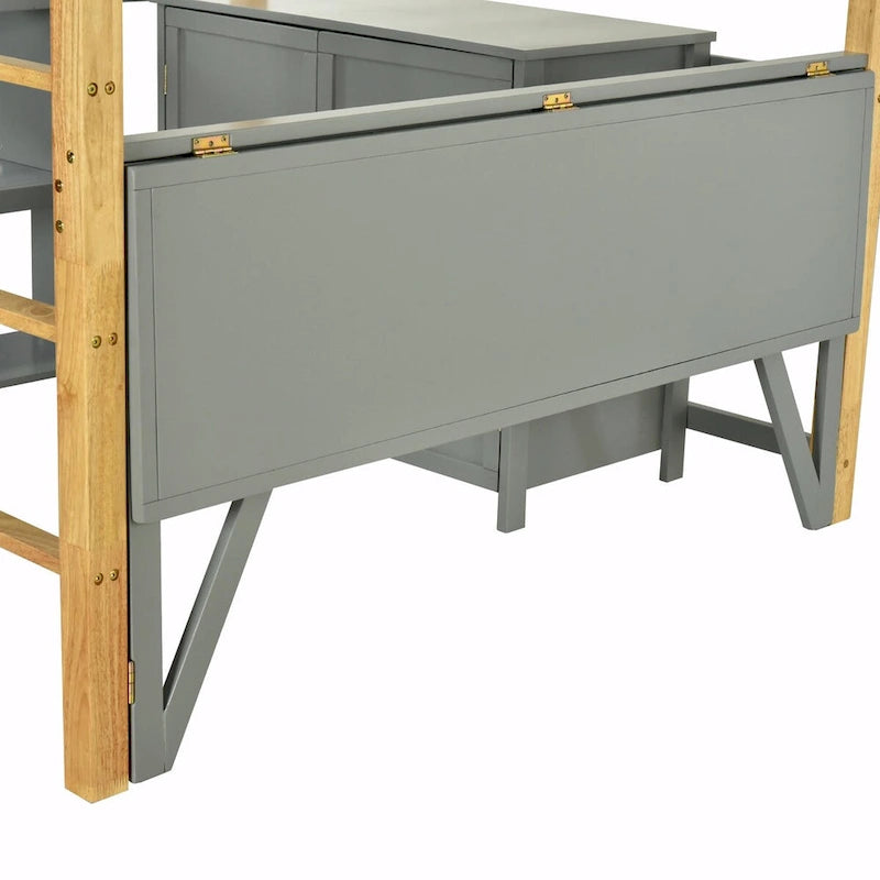 Lit mezzanine en bois avec armoire de rangement intégrée, compartiments et bureau pliable