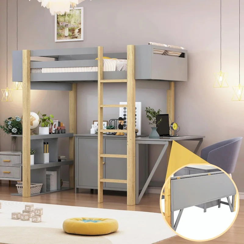 Lit mezzanine en bois avec armoire de rangement intégrée, compartiments et bureau pliable