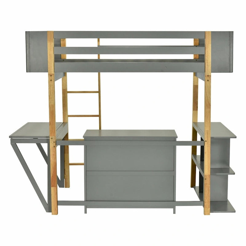 Lit mezzanine en bois avec armoire de rangement intégrée, compartiments et bureau pliable