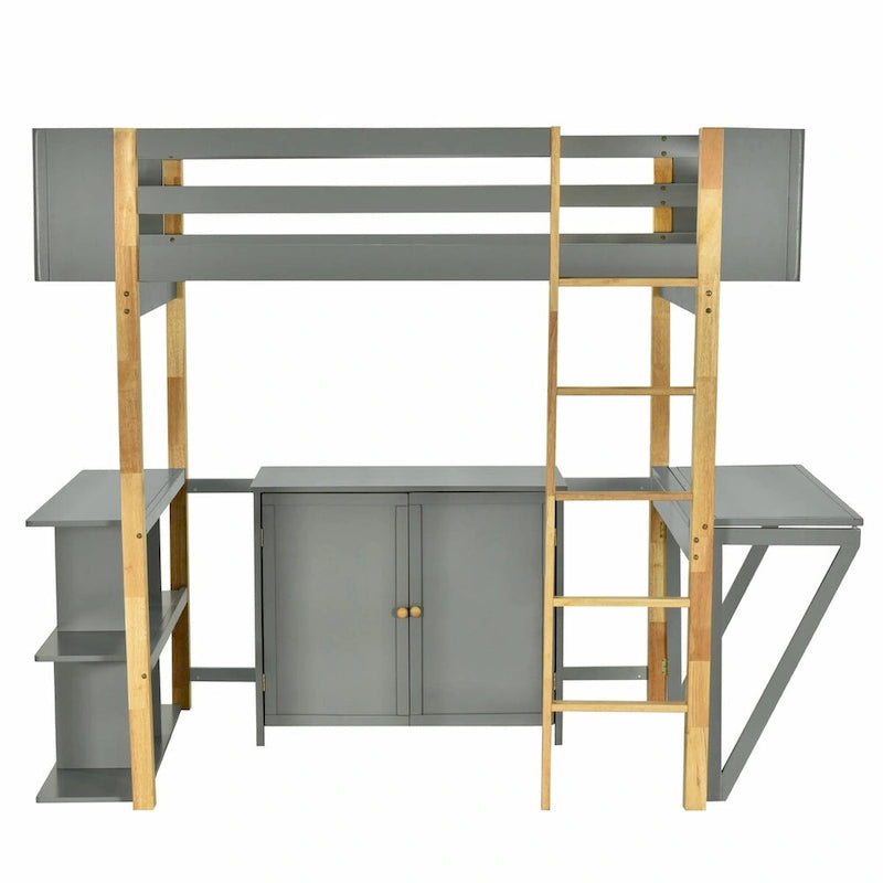 Lit mezzanine en bois avec armoire de rangement intégrée, compartiments et bureau pliable