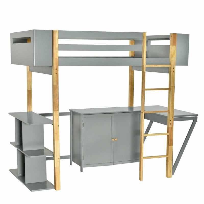 Lit mezzanine en bois avec armoire de rangement intégrée, compartiments et bureau pliable