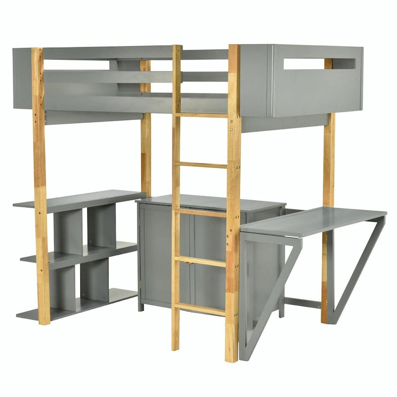 Lit mezzanine en bois avec armoire de rangement intégrée, compartiments et bureau pliable