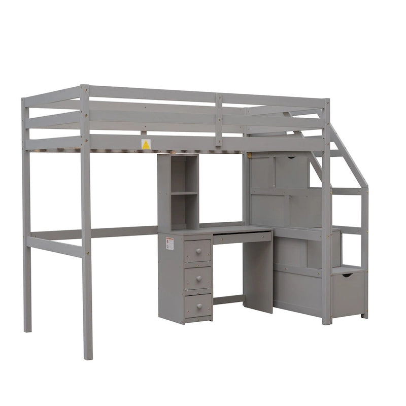 Lit superposé loft double gris Pin avec escalier de rangement, bureau, étagères, tiroirs