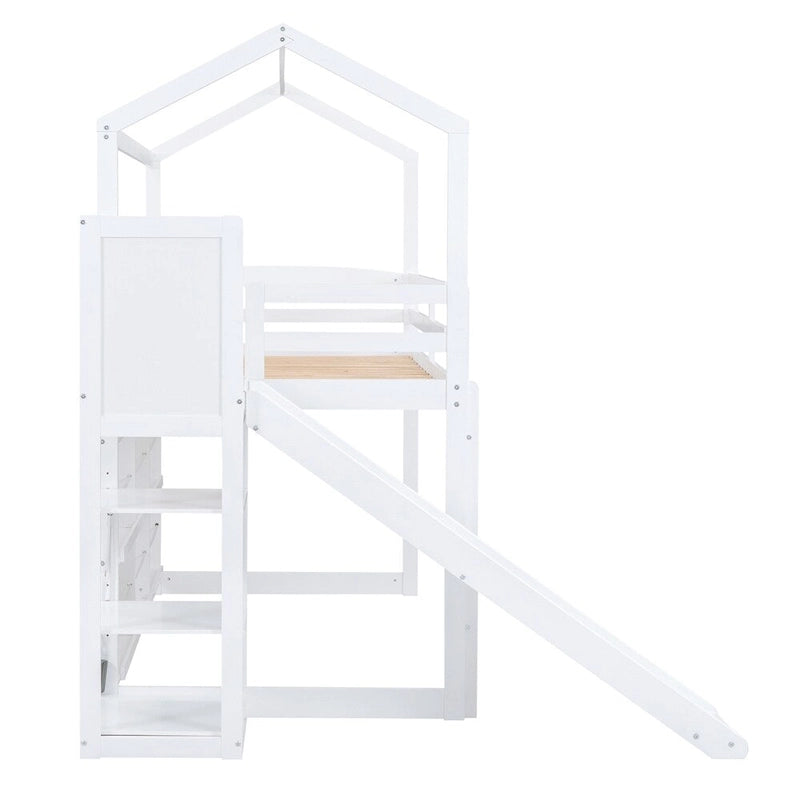 Twin Size Wood Loft Bed with Slide and Storage Shelves