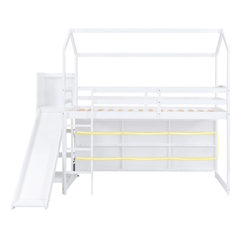 Lit mezzanine en bois, taille double, avec toboggan et étagères de rangement