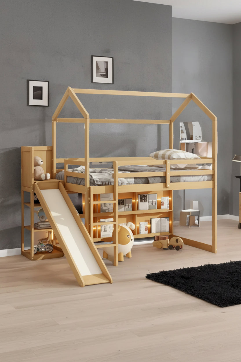 Lit mezzanine en bois, taille double, avec toboggan et étagères de rangement
