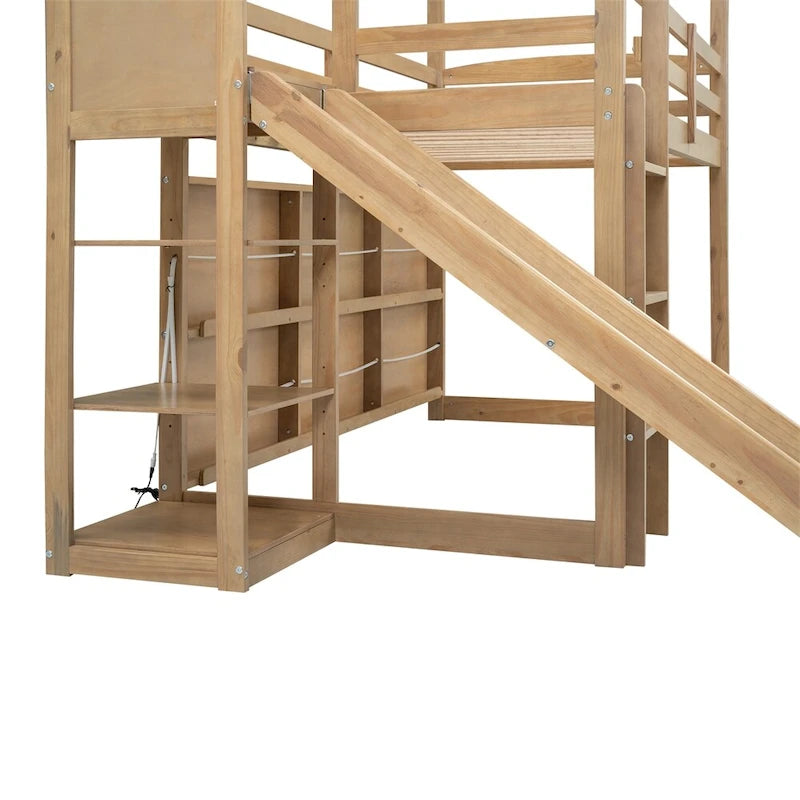 Lit mezzanine en bois, taille double, avec toboggan et étagères de rangement