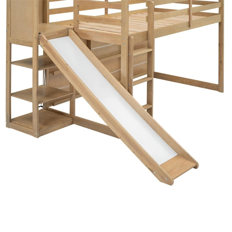 Lit mezzanine en bois, taille double, avec toboggan et étagères de rangement