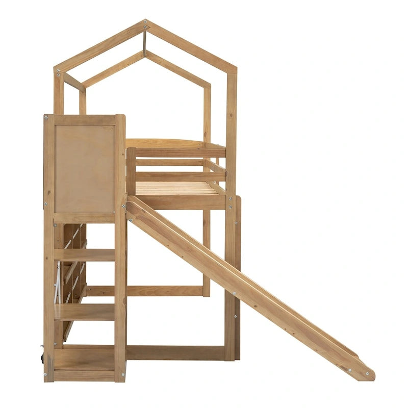 Lit mezzanine en bois, taille double, avec toboggan et étagères de rangement
