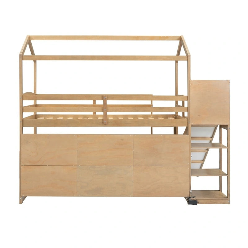 Lit mezzanine en bois, taille double, avec toboggan et étagères de rangement
