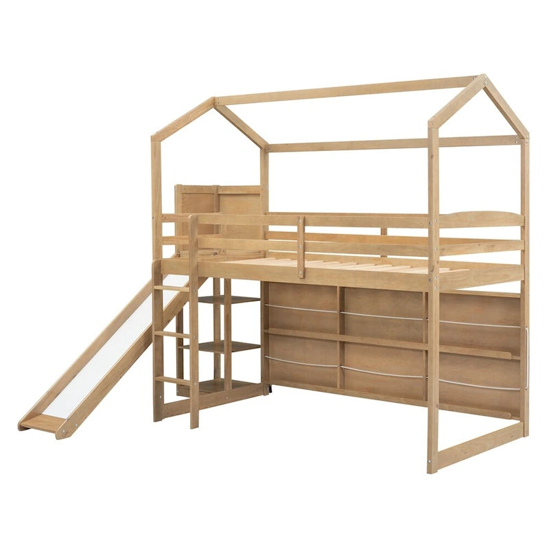 Lit mezzanine en bois, taille double, avec toboggan et étagères de rangement
