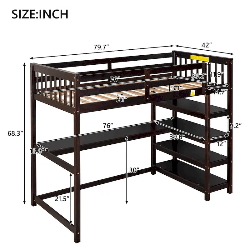 Lit mezzanine en bois de pin massif, taille double, avec étagères de rangement à plusieurs niveaux et barrières de sécurité