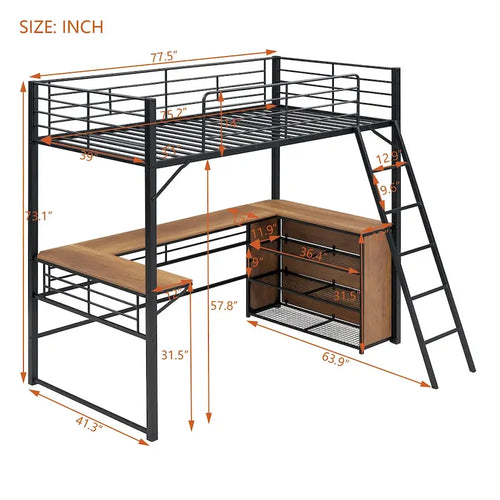 Lit mezzanine en métal noir avec bureau en L et 3 étagères, échelle réversible