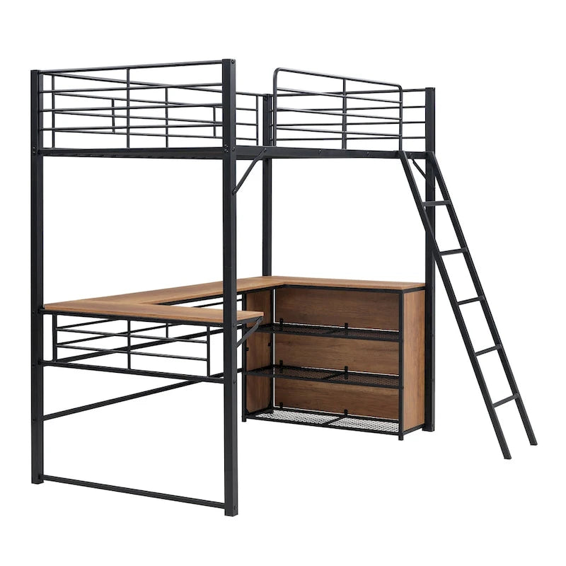 Lit mezzanine en métal noir avec bureau en L et 3 étagères, échelle réversible
