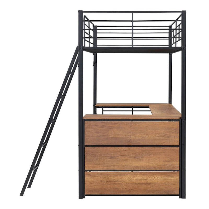 Lit mezzanine en métal noir avec bureau en L et 3 étagères, échelle réversible