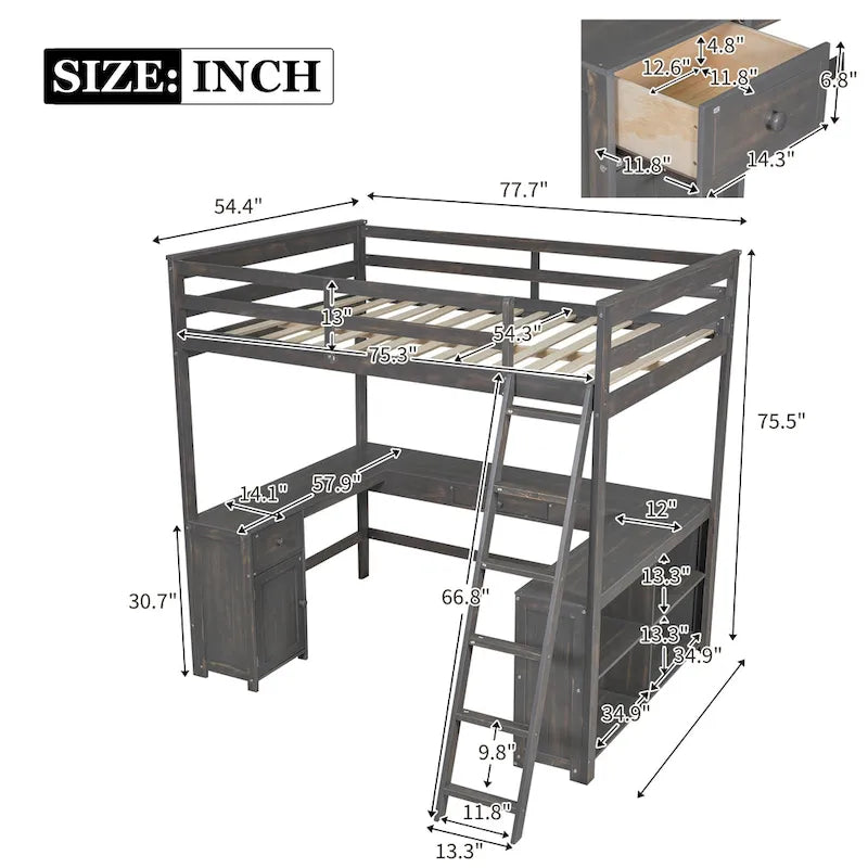 Lit mezzanine avec bureau en U, tiroirs et étagères de rangement