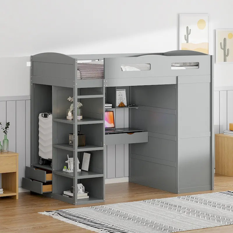 Lit mezzanine simple avec bureau, armoires, 4 tiroirs et 4 étagères