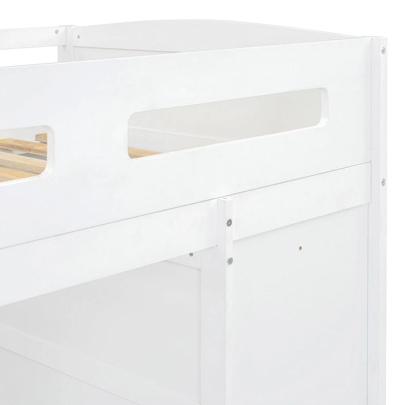 Lit mezzanine simple avec bureau, armoires, 4 tiroirs et 4 étagères