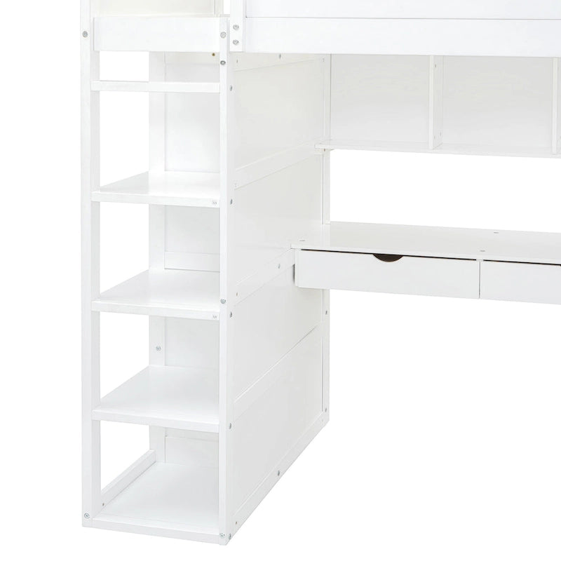 Lit mezzanine simple avec bureau, armoires, 4 tiroirs et 4 étagères