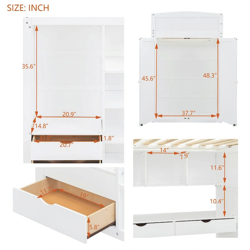 Lit mezzanine simple avec bureau, armoires, 4 tiroirs et 4 étagères