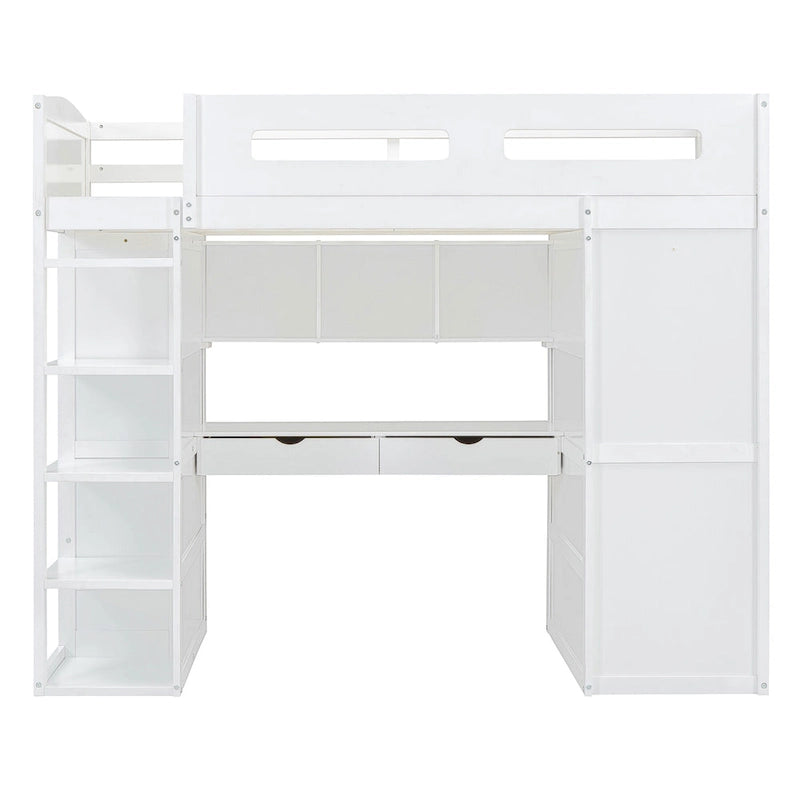 Lit mezzanine simple avec bureau, armoires, 4 tiroirs et 4 étagères